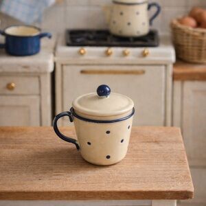 Mini Enamelware Polka Dot Mug With Lid Cream Blue Metal Cottage Kitchen Decor